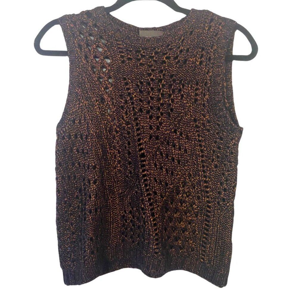 Anthropologie Leo & Sage | Sleeveless Sweater Vest Open Crochet Navy/Copper